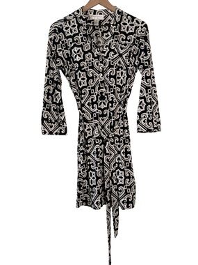 Donna Morgan Black White Tie Waist Career Dress Size 6 Geometric Print